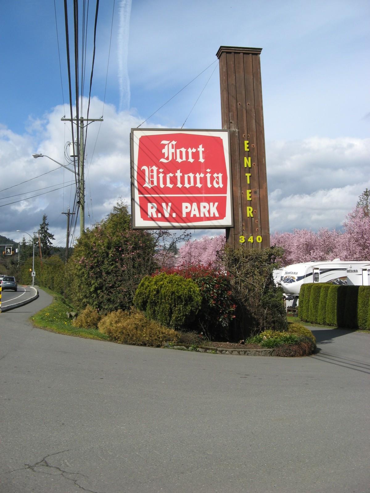 Entrance to Fort Victoria RV Park from Old Island Highway
