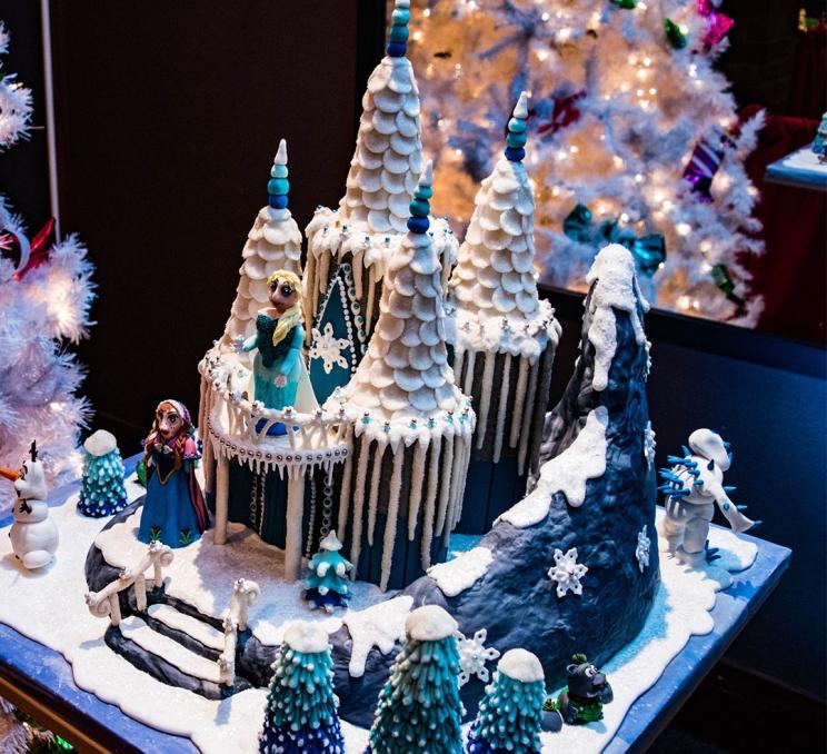 A Gingerbread House that is fashioned in the style of the animated movie Frozen on display at the Hotel Grand Pacific in Victoria, BC