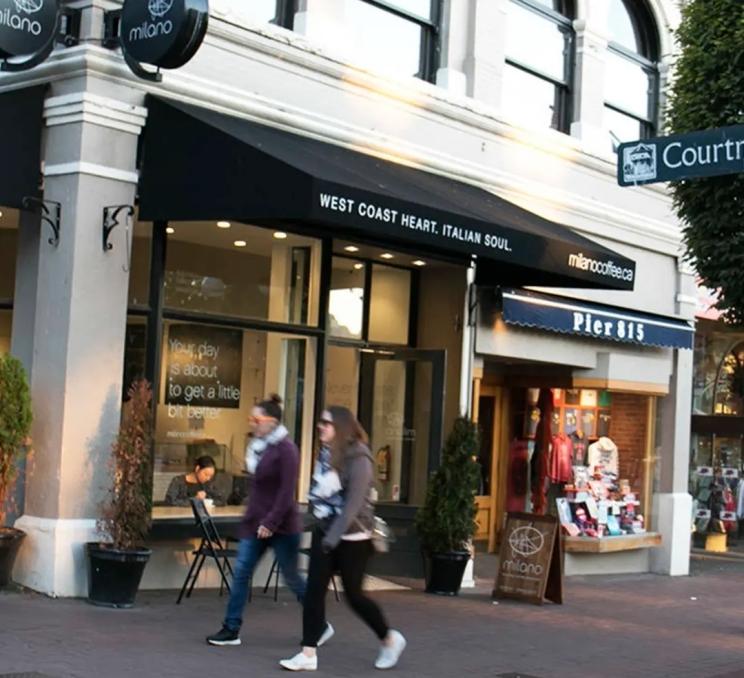 The exterior of Milano Coffee in downtown Victoria, BC