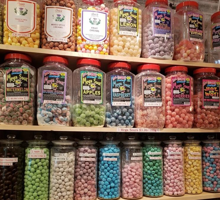A wall of assorted candies at the Old Tyme Candy Shop in Victoria, BC
