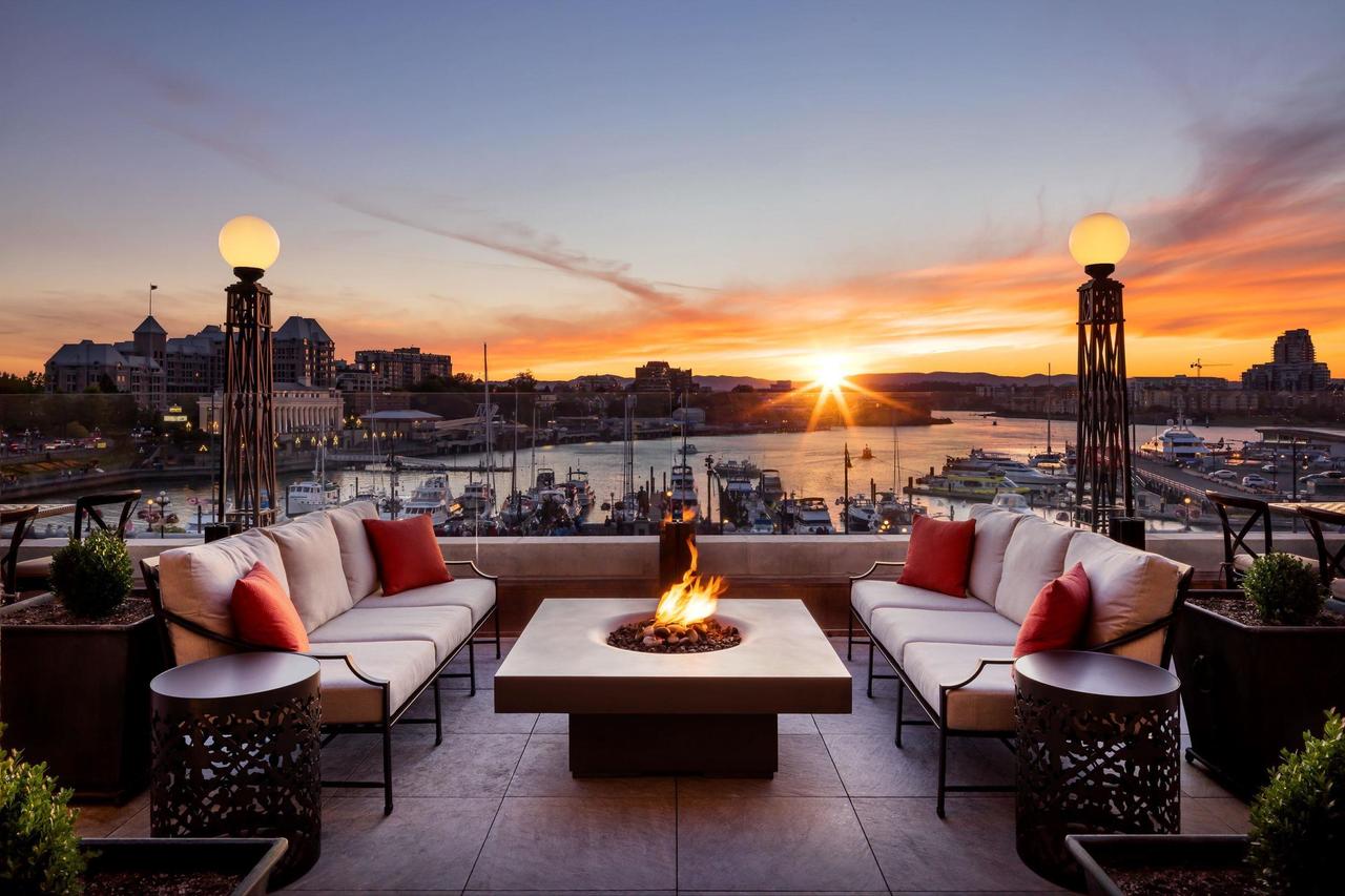 Fairmont Empress harbour terrace at sunset in Victoria BC
