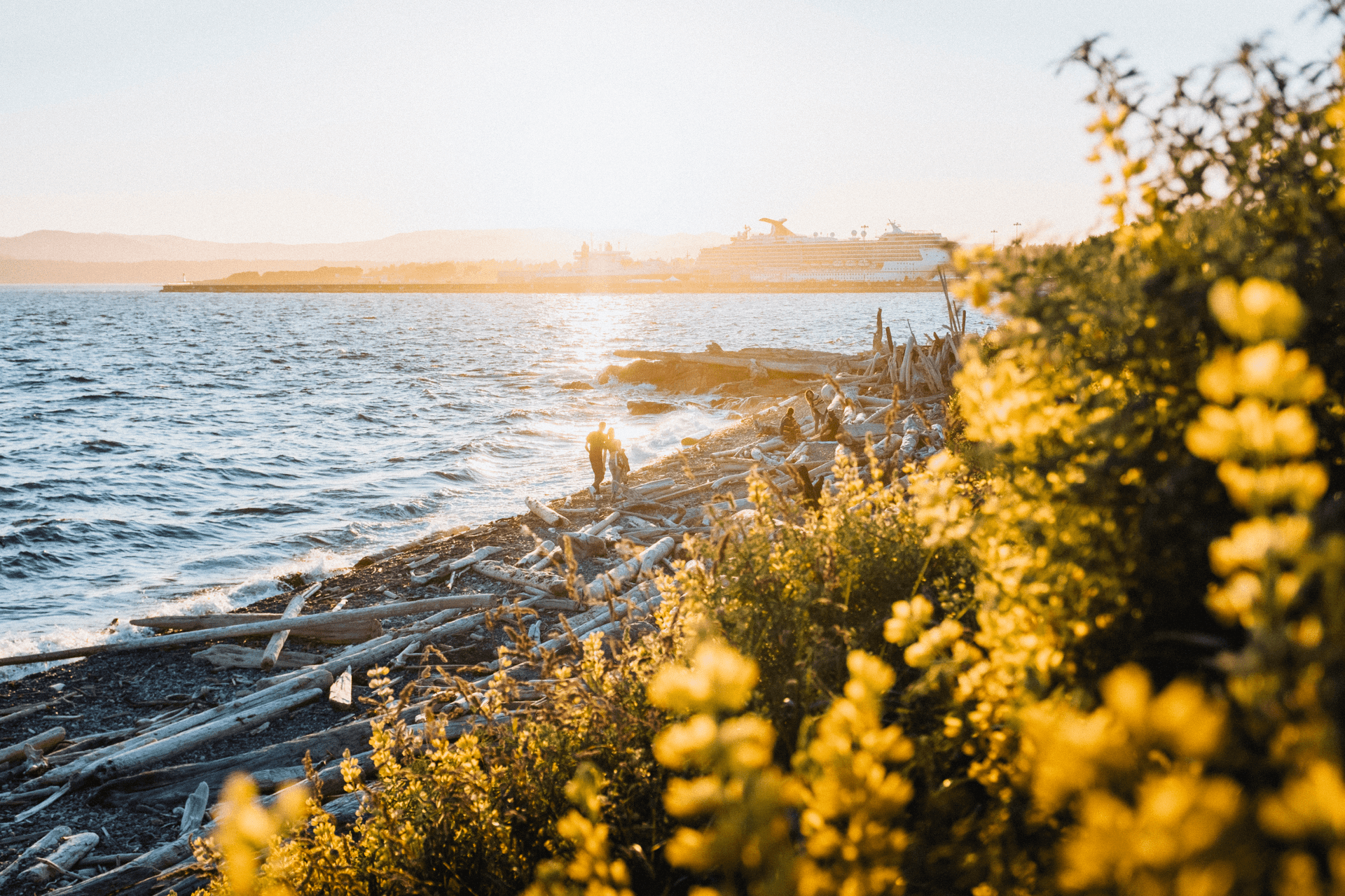 A couple walking on Dallas Road Beach in Victoria, BC