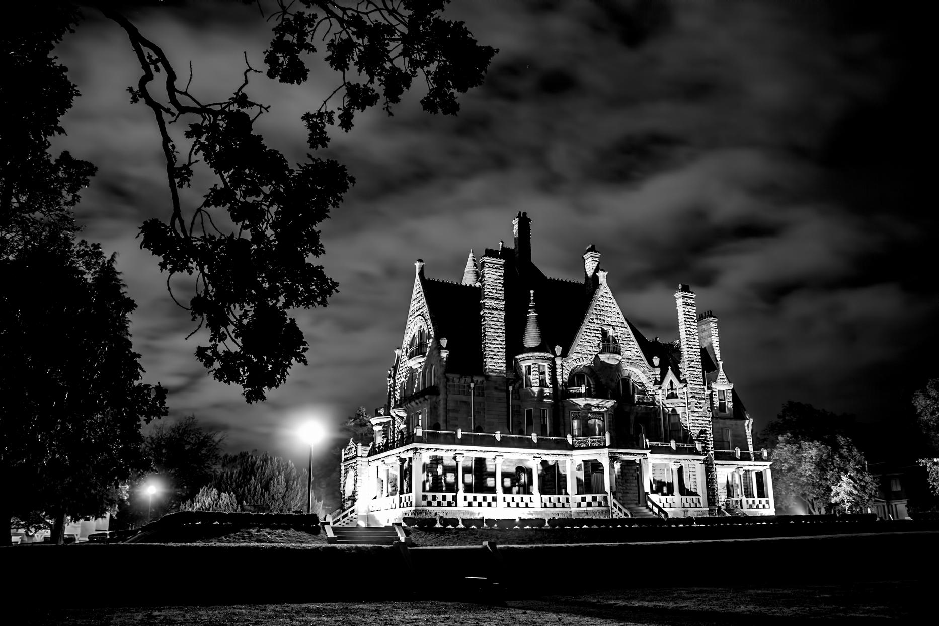 Craigdarroch Castle at night in Victoria, BC