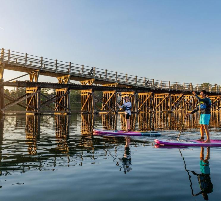 A couple paddle boarding in Victoria, BC