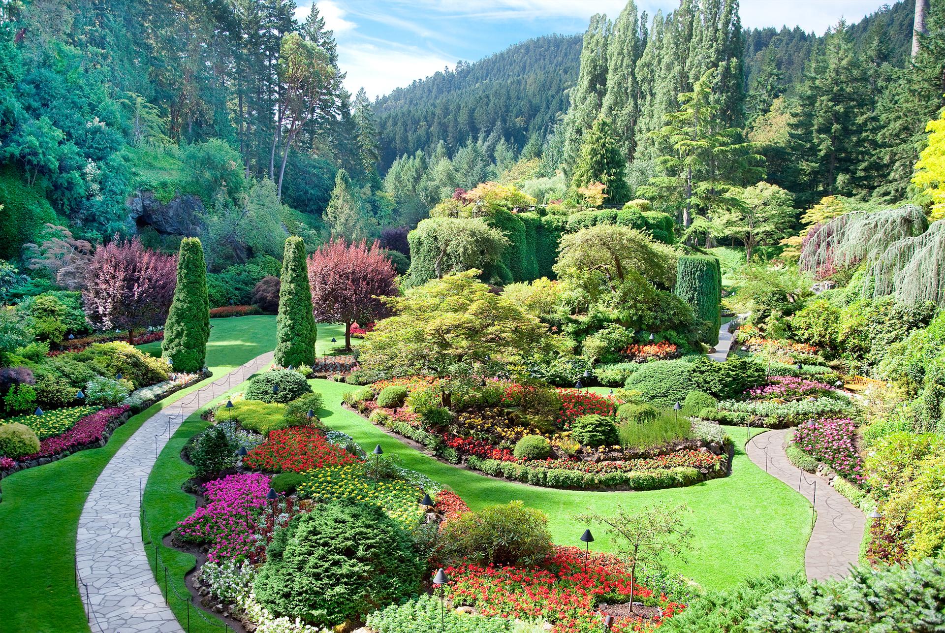 A view of the sunken garden at Butchart Gardens, Central Saanich, Vancouver Island, British Columbia, Canada