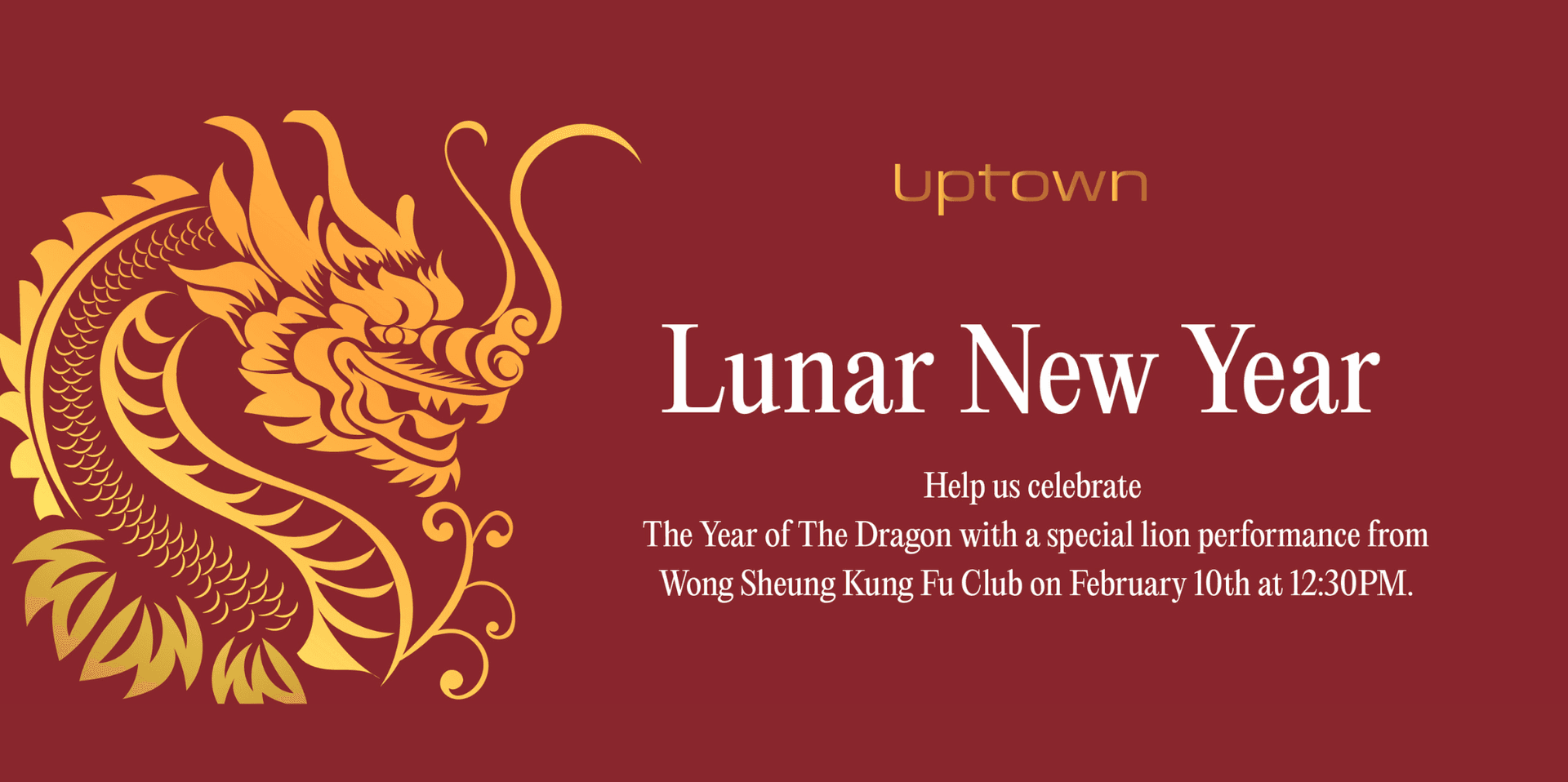 Illustrated golden dragon on a red background.