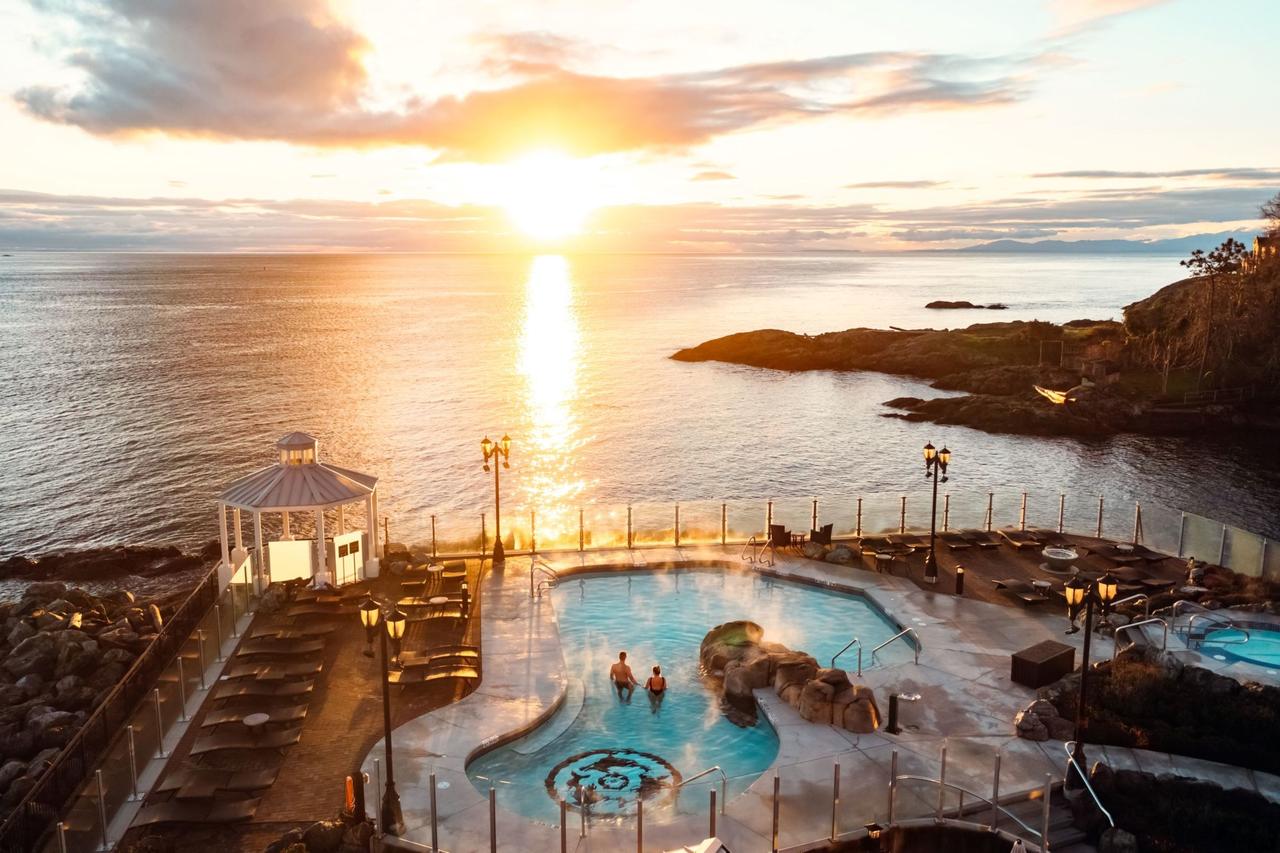 Sunset at the seaside mineral pools at Oak Bay Beach Hotel in Victoria BC