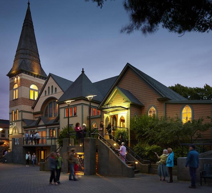 The Belfry Theatre in the Fernwood Neighbourhood of Victoria, BC at dusk