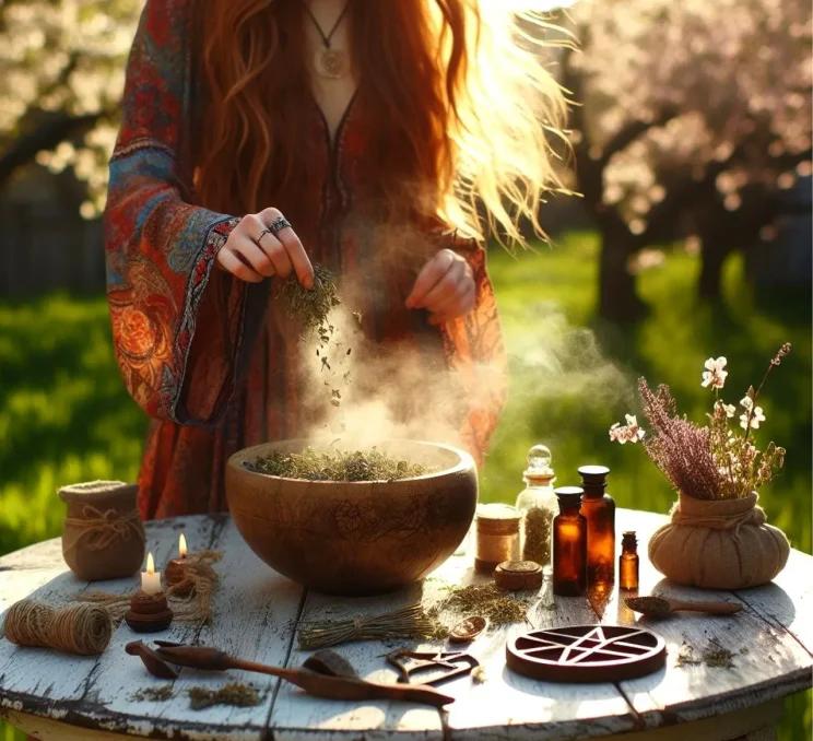 A witch dressed in red works on creating a potion at the Metchosin Summer Witches Market in Victoria, BC