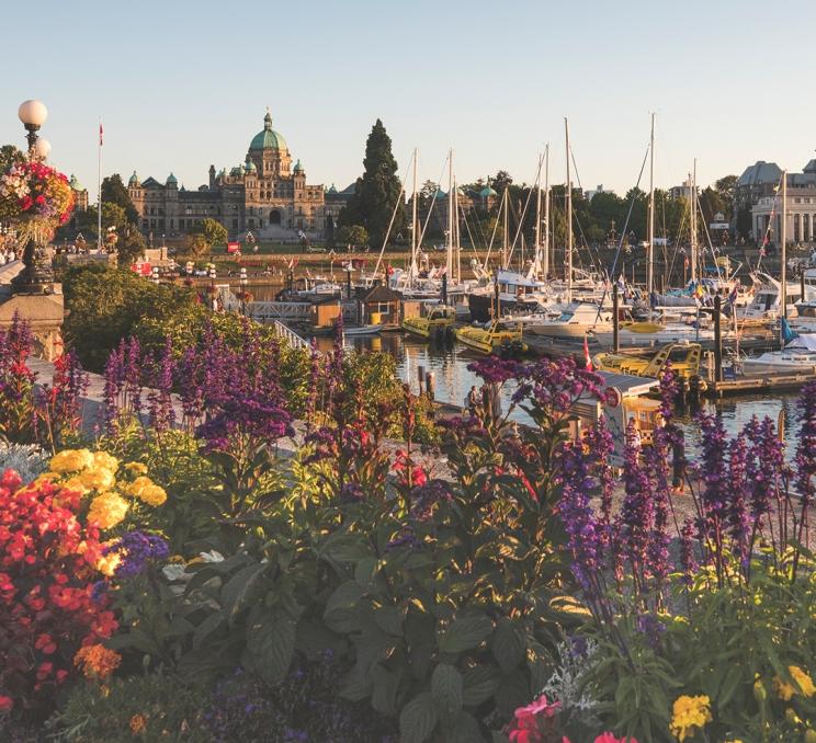 A view across the Inner Harbour, with flower beds in the foreground, toward the BC Parliament Buildings in Victoria, BC
