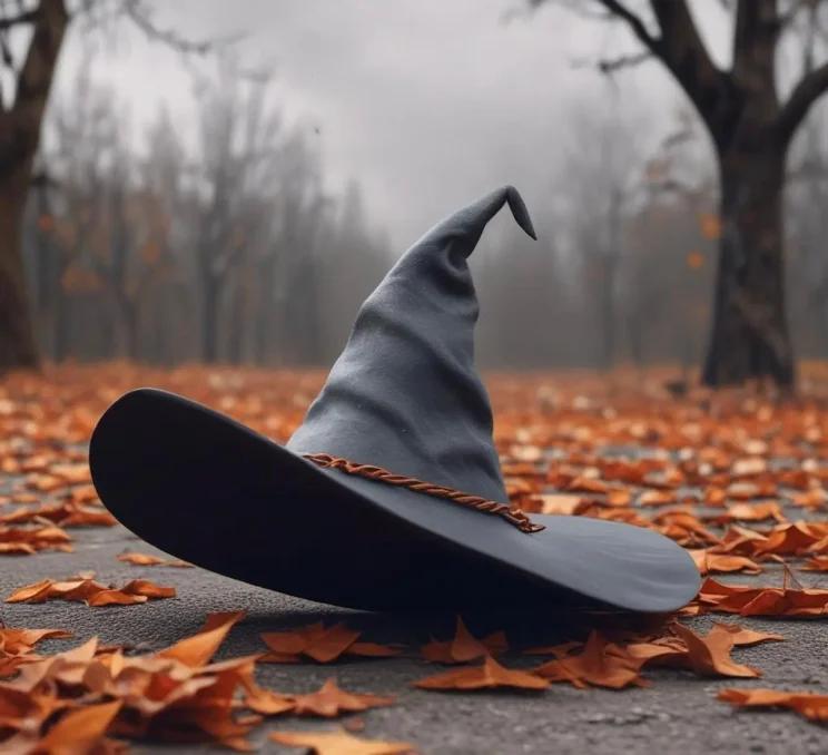 A witches hat sits amidst fall leaves in Victoria, BC