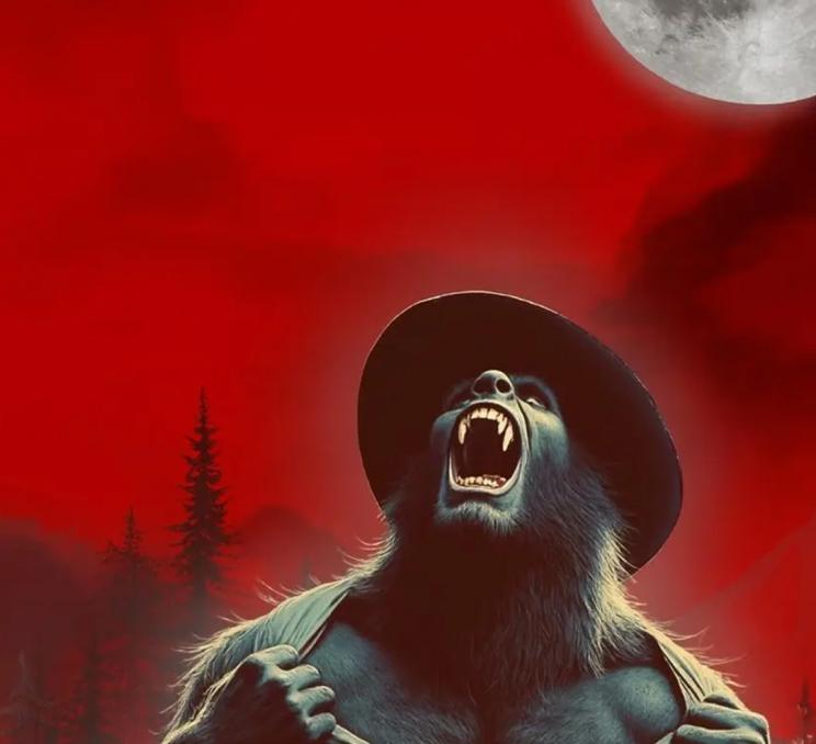 A werewolf cowboy rips its shirt beneath the moon amidst a red sky