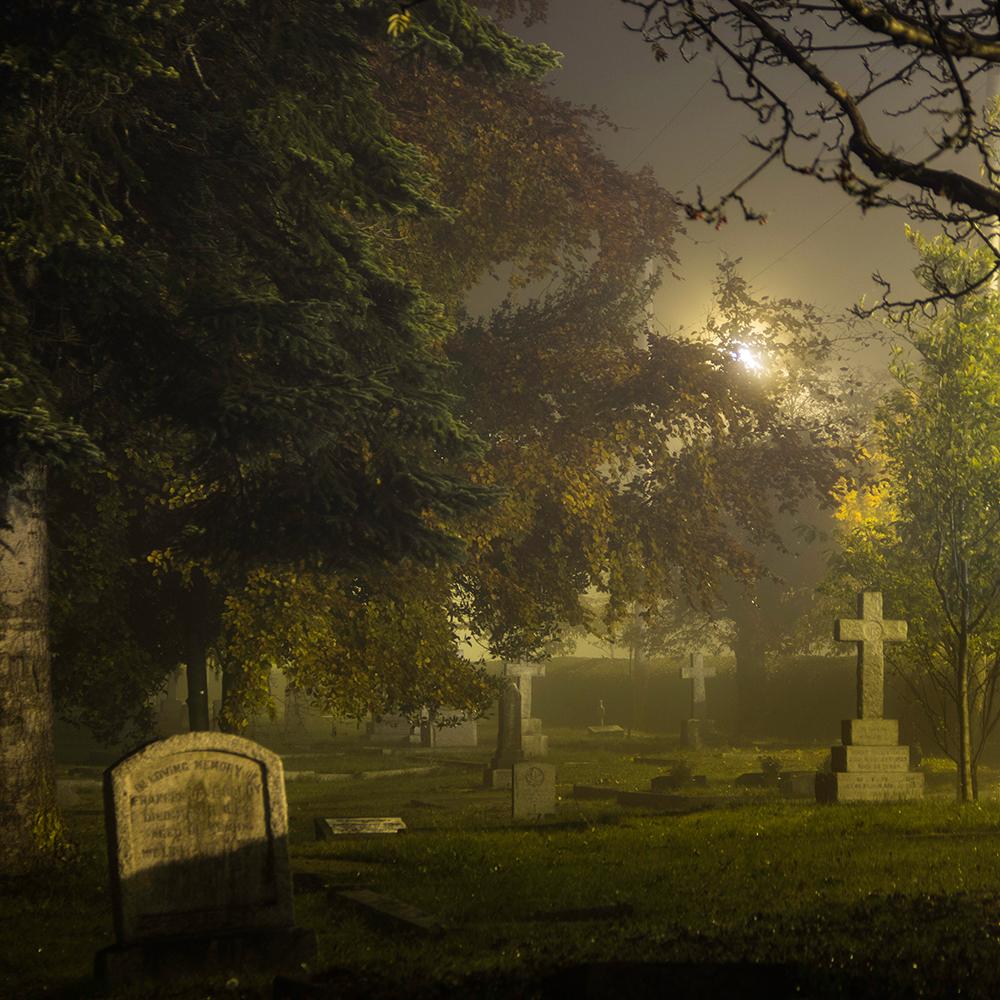 A foggy night at Ross Bay Cemetery in Victoria, BC