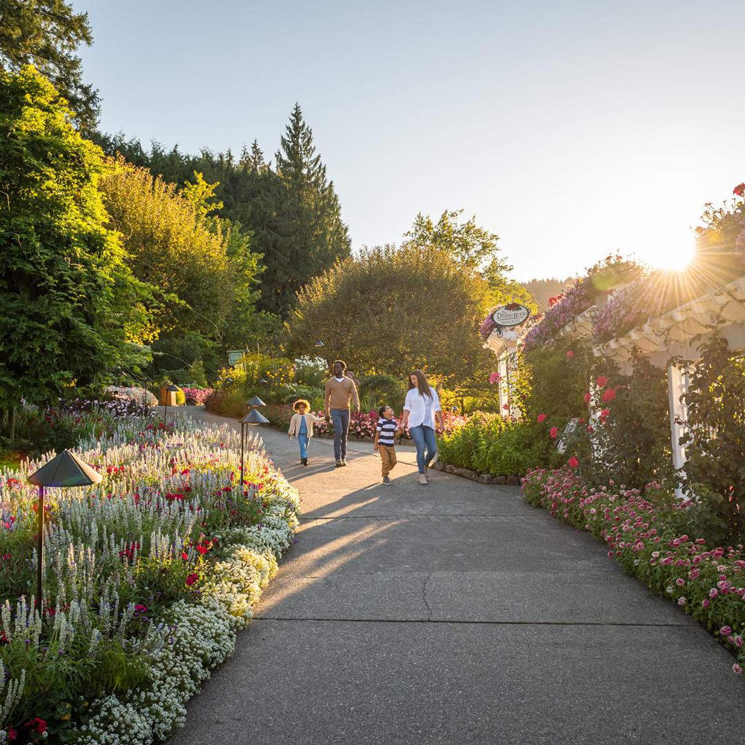 A mother and father walk hand-in-hand with their two young children down a path at The Butchart Gardens, a National Historic Site of Canada, in Victoria, BC