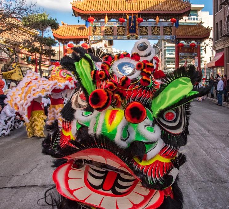 A bright green and red dragon dances through the streets during Chinese New Year celebrations in Victoria, BC