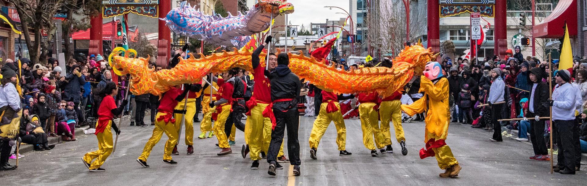 A performance with a red and yellow dragon during Chinese New Year in Victoria, BC