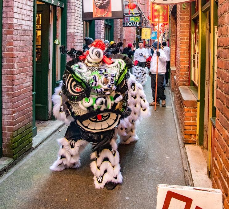 A dragon dance through Fan Tan Alley in Victoria, BC
