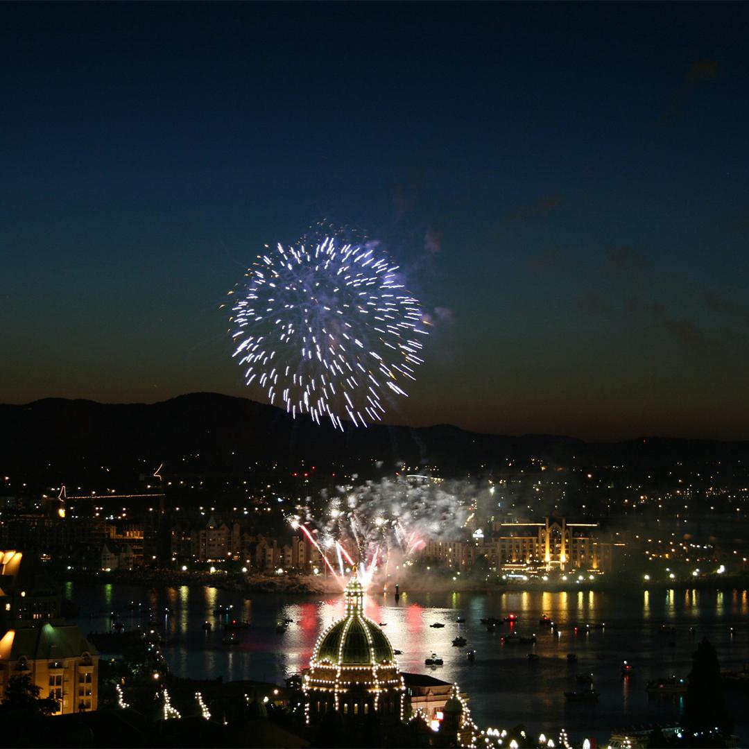 A fireworks show over Victoria BC's Inner Harbour