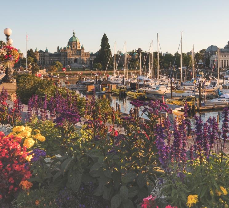 A view from behind a planter of flowers across the Inner Harbour towards the BC Parliament Buildings in Victoria, BC