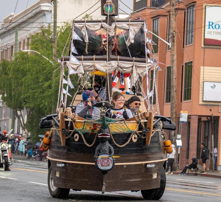 A pirate ship float at the Victoria Day Parade in Victoria, BC