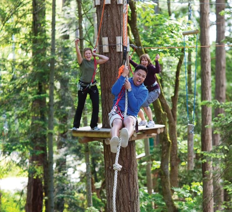 A man in blue uses a rope swing while cheered on by friends amidst the trees at WildPlay Elements Park in Victoria, BC