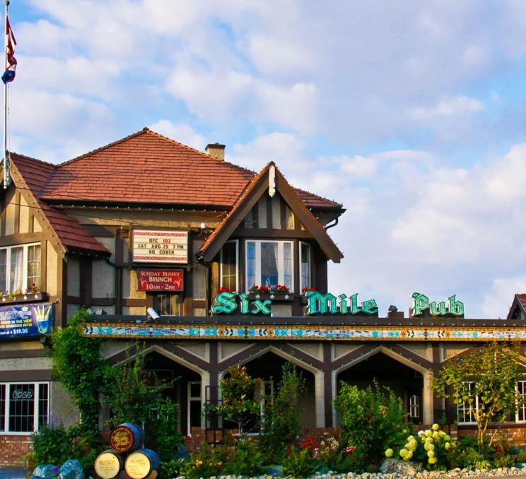 The exterior of the Six Mile Pub & Eatery, BC's oldest pub in Victoria, BC