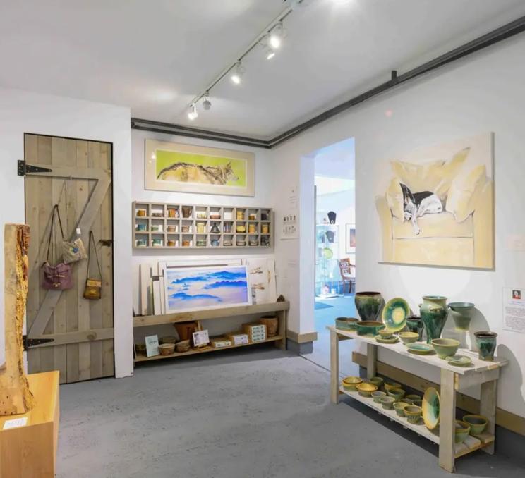 A display of artwork in Art in the Barn Gallery in Victoria, BC