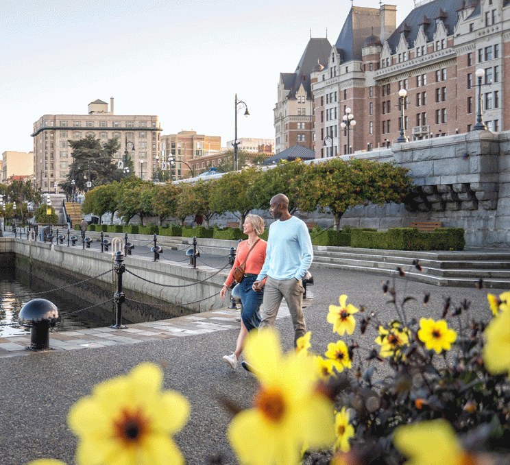 A couple walks hand in hand along the lower causeway of the Inner Harbour in Victoria, BC with yellow flowers in the foreground.