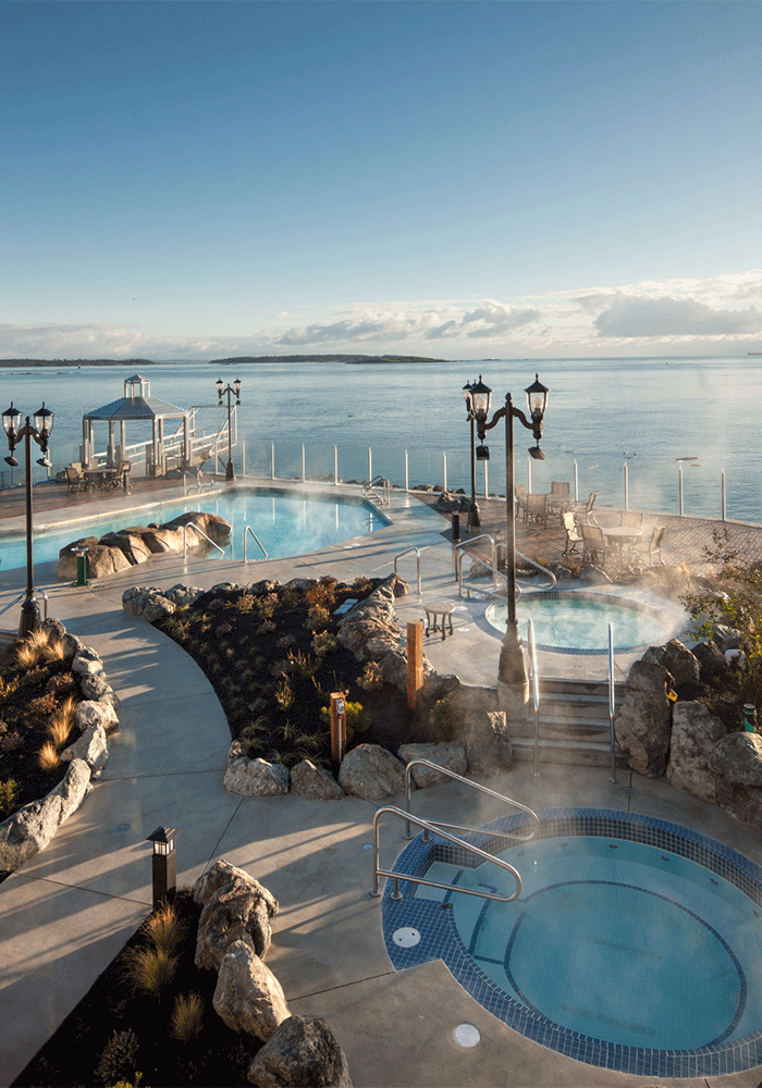 Looking out at the mineral pools at the Boat House Spa at the Oak Bay Beach Hotel in Greater Victoria, BC