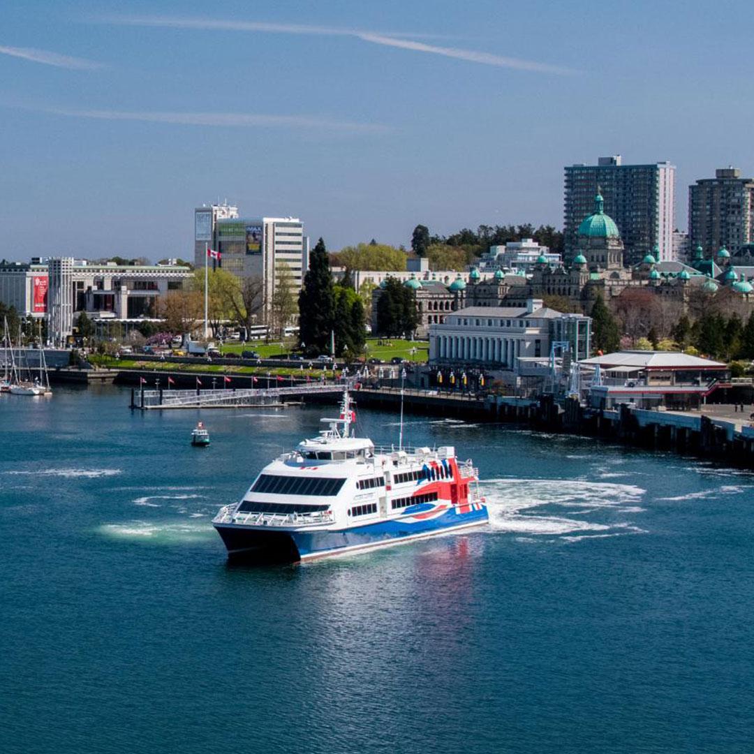 The FRS Clipper, a walk-on ferry, navigating the Inner Harbour of Victoria, BC