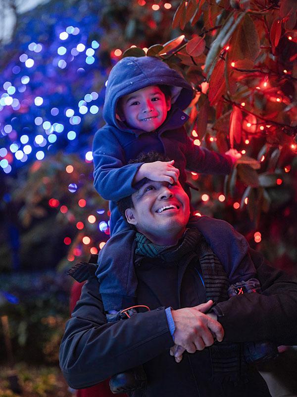 A father gives his son a piggyback ride through the Magic of Christmas holiday light display at The Butchart Gardens in Victoria, BC