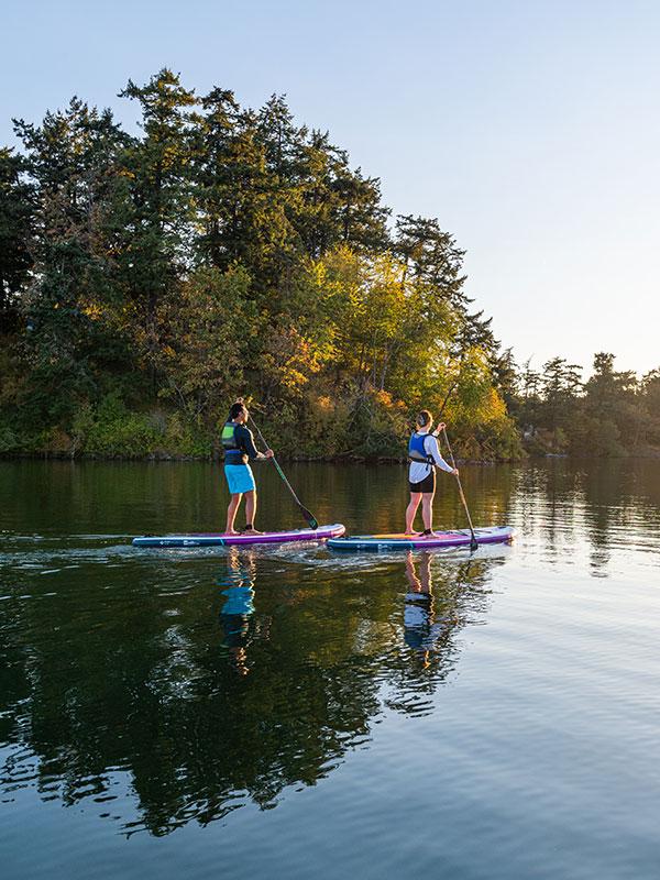 A couple paddles along the Gorge Waterway on paddleboards in Victoria, BC