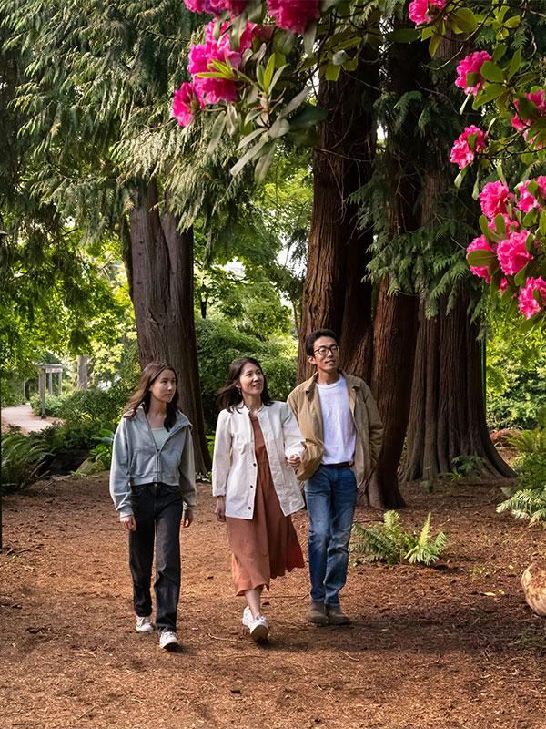 A family walks along a pathway while looking at flowers in Beacon Hill Park in Victoria, BC