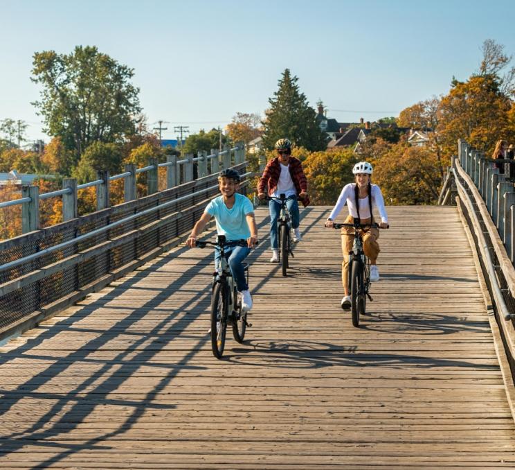 A group of three cyclists ride bikes along the Selkirk Trestle from Victoria, BC's Vic West neighbourhood