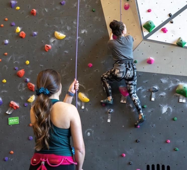 A pair of climbers top rope climbing at Crag X Climbing Gym in Victoria, BC