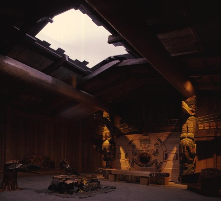 The interior of the Jonathan Hunt House, a recreation of an Indigenous Long House, at the Royal BC Museum in Victoria, BC