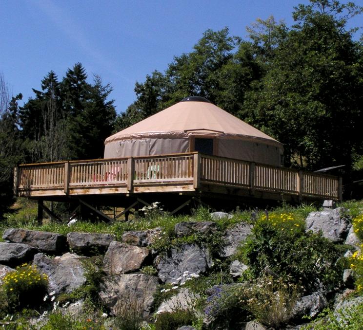 The exterior of a yurt at Merridale Cidery & Distillery in the Cowichan Valley just outside of Victoria, BC