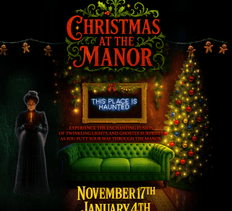 A poster for Christmas at the Manor at Haunted Manor Victoria a mini-golf course in Victoria, BC