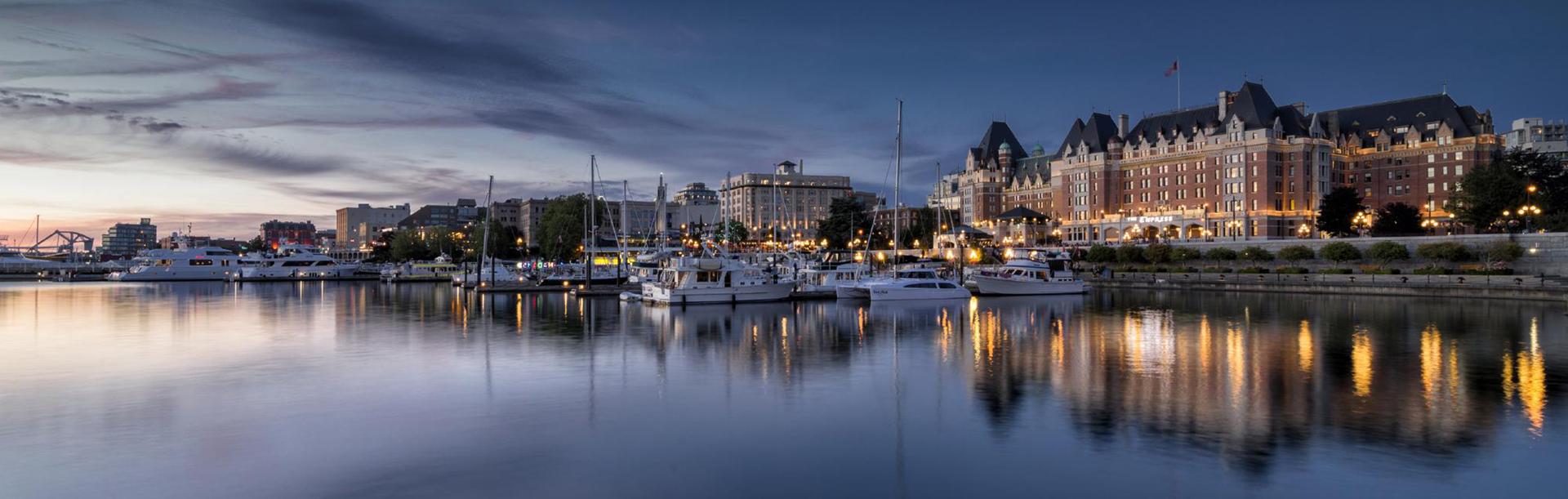 The Inner Harbour at Fairmont Empress in Victoria, BC at sunset