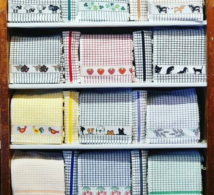An array of linens at the Irish Linen Store in Victoria, BC