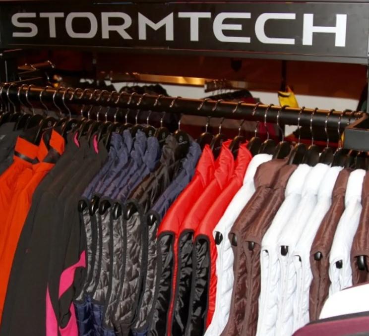 A wrack of Stormtech vests at Treck Wear in Victoria, BC