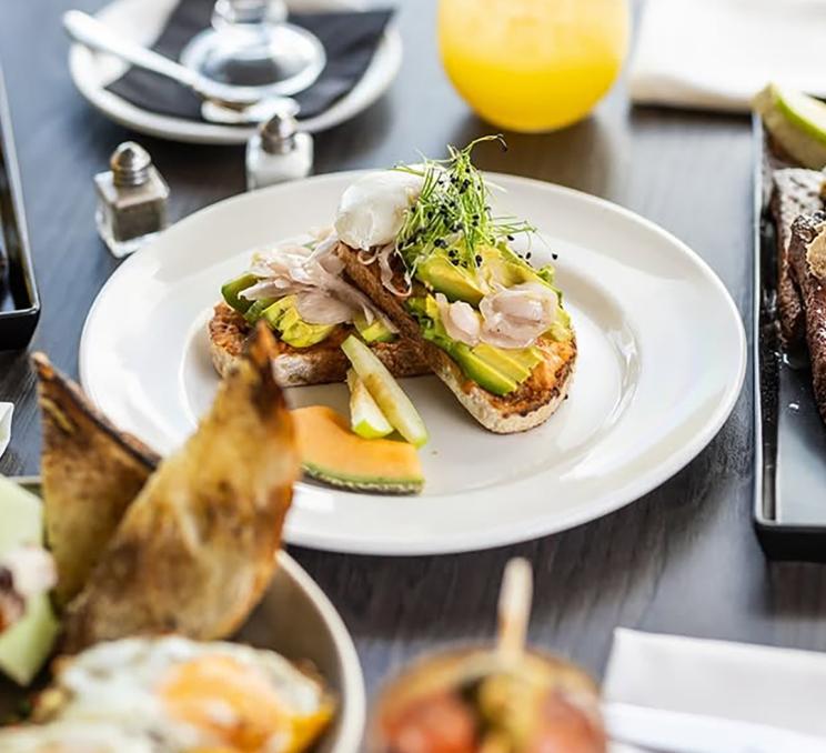 Avocado toast with poached egg and fresh greens at Vista 18 Restaurant & Lounge in Victoria, BC
