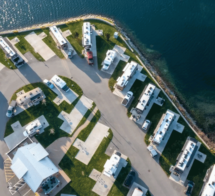 An overhead view of the Salish Seaside RV Resort in Victoria, BC