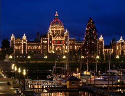 Parliament building in Victoria lit up for Christmas