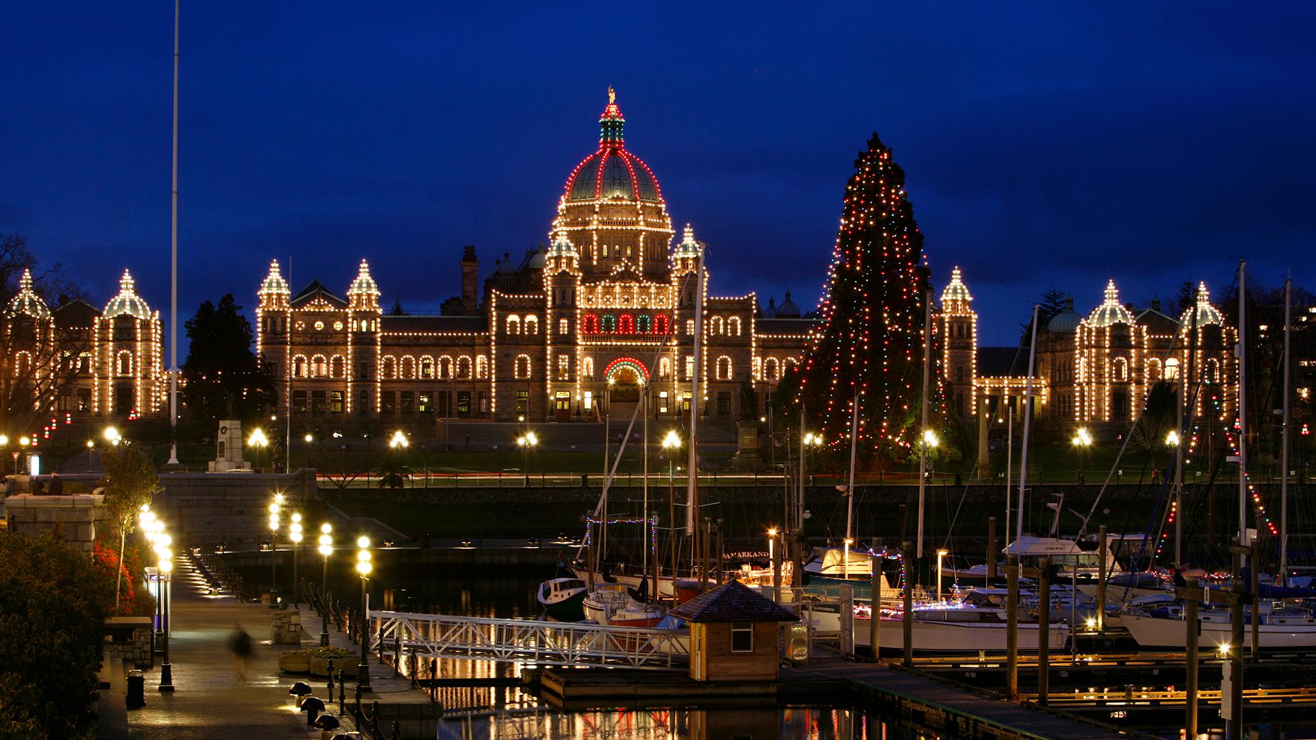 Parliament building in Victoria lit up for Christmas