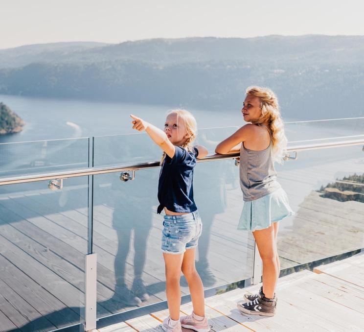 A pair of children take in the views at Malahat SkyWalk in Victoria, BC