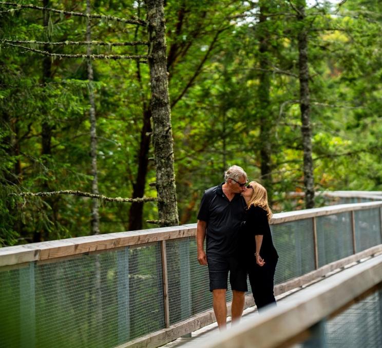 A couple kisses amidst the canopy at Malahat SkyWalk in Victoria, BC