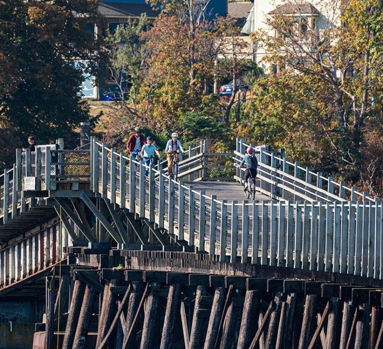 A group of friends cycle across the Selkirk Trestle on the Galloping Goose Trail in Victoria, BC