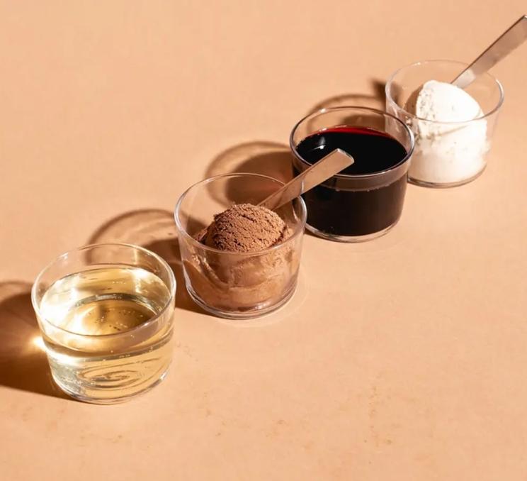 A selection of chocolate and vanilla ice cream paired with red and white wine at Virtuous Pie in Victoria, BC