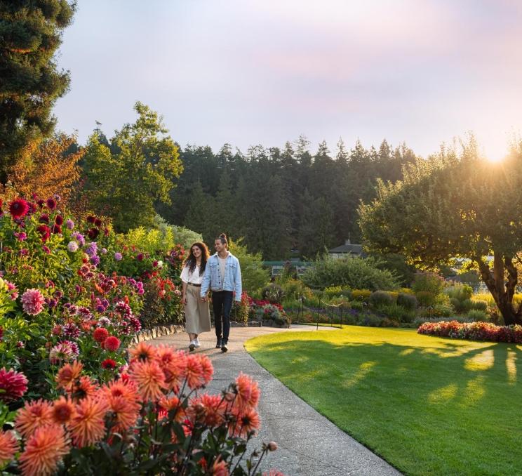 A couple walking through Butchart Gardens in Fall
